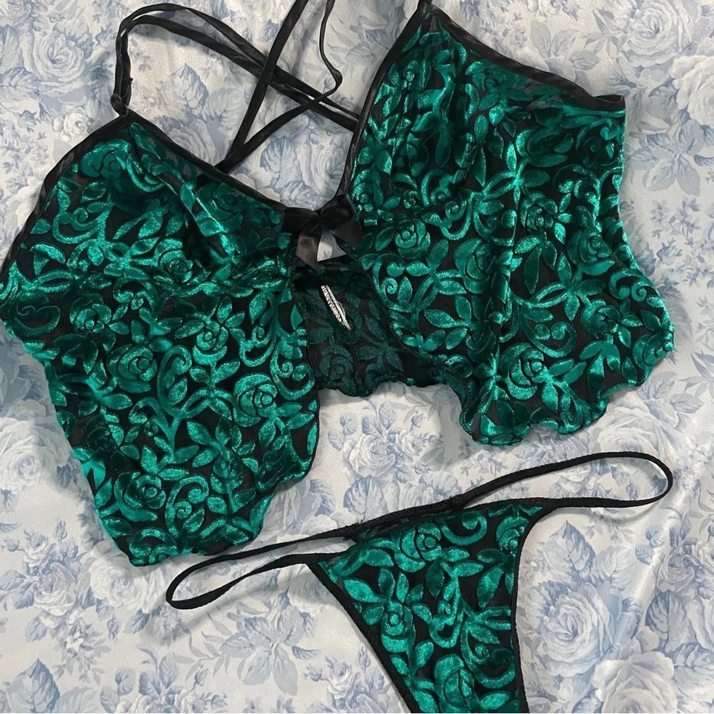 Vintage Lingerie Baby Doll Whimsigoth Green Burnout Velvet Floral Rose Bow Green